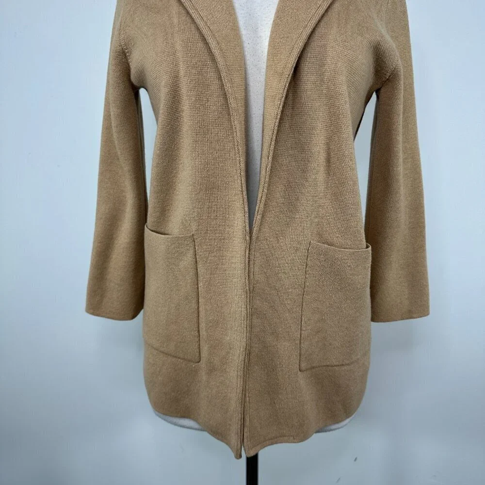 J. Crew Sophie Open Front Sweater Blazer Knit Wool Blend Pockets Tan Small XS